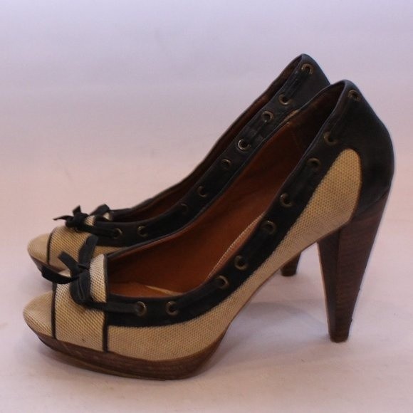 ZARA Peep Toe Canvas Pumps Heels Navy Cream Nautical Style Vintage Sz 37 US 6.5 - Picture 3 of 14